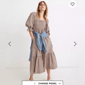 Madewell Lucie Elbow-Sleeve Smocked Midi Dress in Gingham